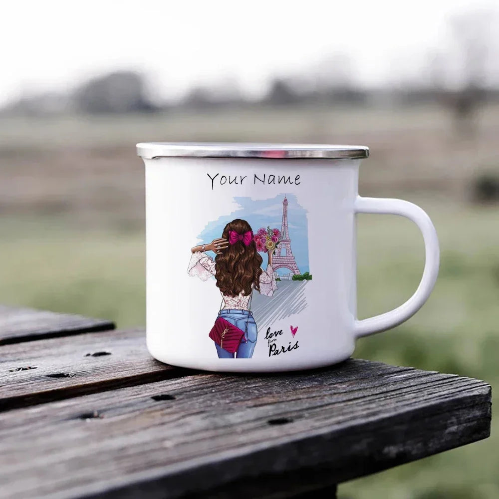 Customized Mug of Lady Enamel Under the Paris Tower Metal Cup for Printing Your Own Text Custom Mugs Coffee Cups Cupshe Beer Tea